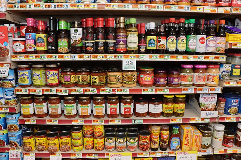A selection of jarred and canned ethnic foods